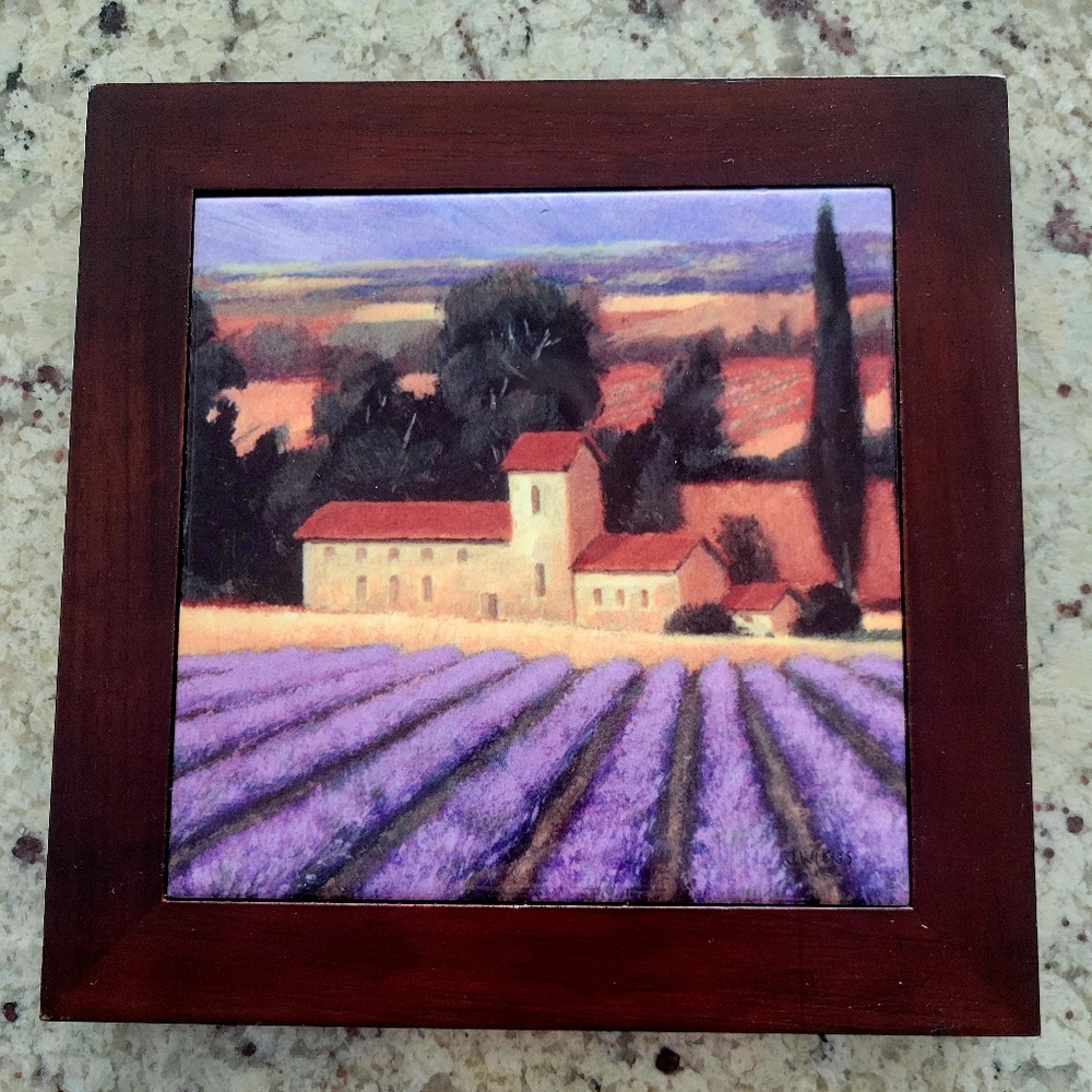 Framed Ceramic Lavender Farm Design Tile / Hot Plate / Hanging in Wood Frame